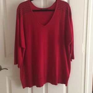 V-neck Red knit top, with black crystals 3X